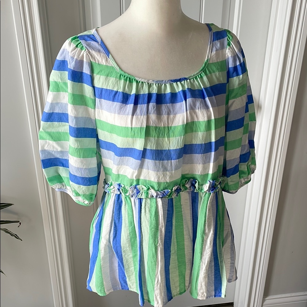 Entro Striped Blue and Green Women's Top (size small)